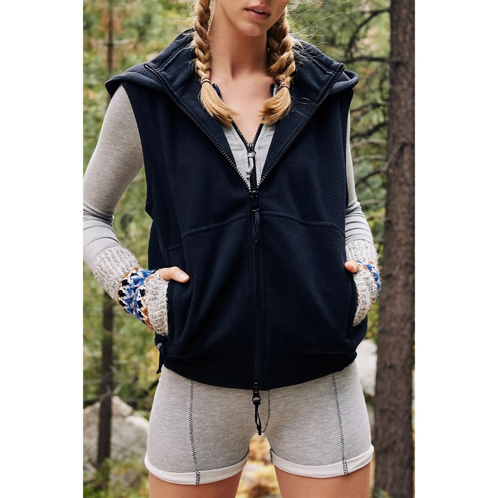 Free People Movement Fleece Hooded Vest Black Full Zip Front Womens Size M
